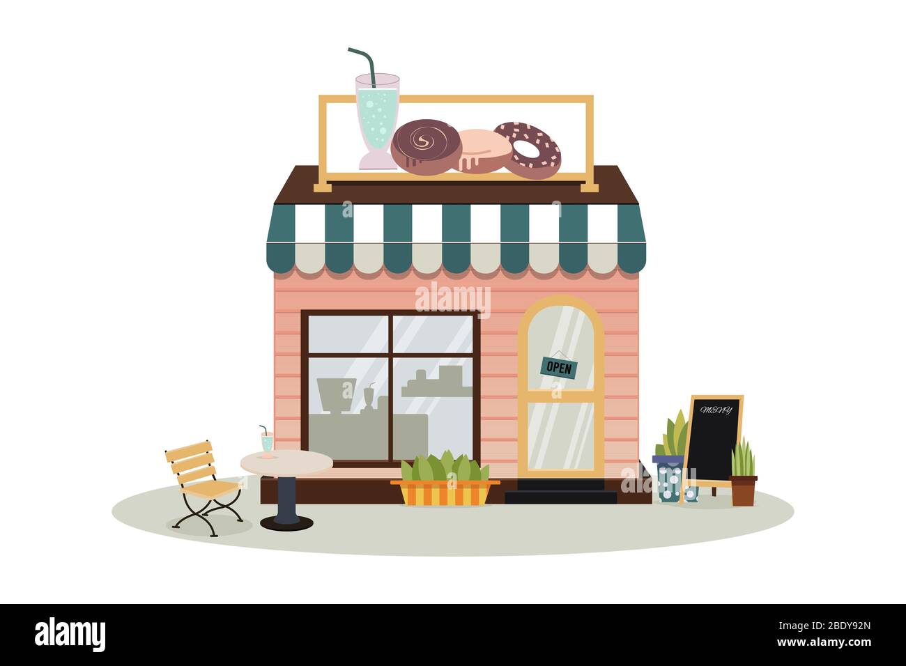 Facciata dell'edificio del cafe' con un cartello. Un negozio di panetteria, caffetteria, pasticceria e negozio di dessert. Una mostra di prodotti da caffè e dolci. Mercato o supermercato Illustrazione Vettoriale