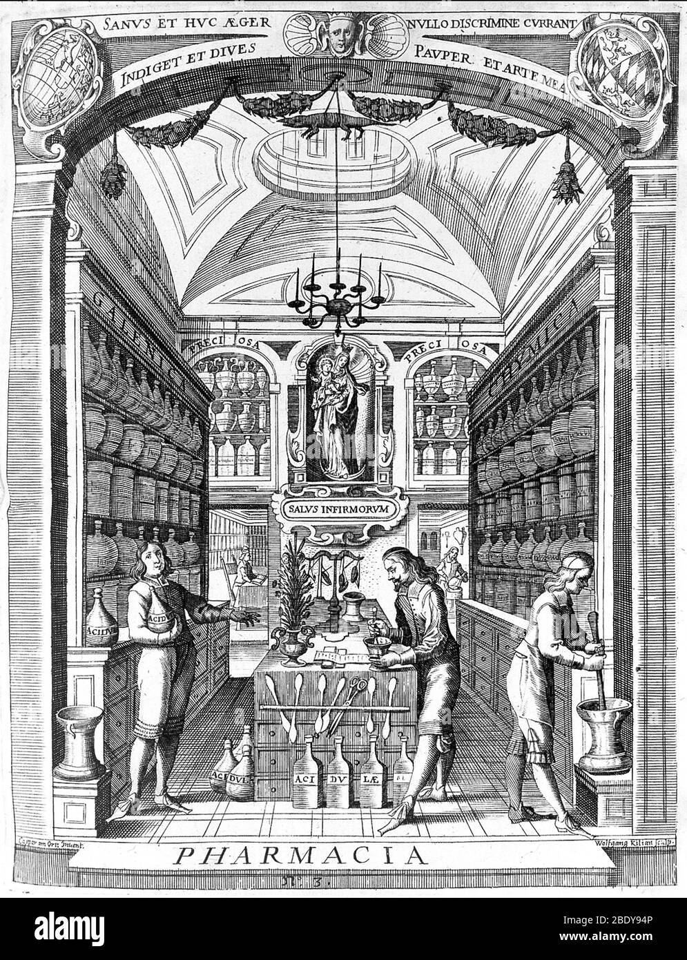 Incisione della farmacia, Geiger, 1651 Foto Stock