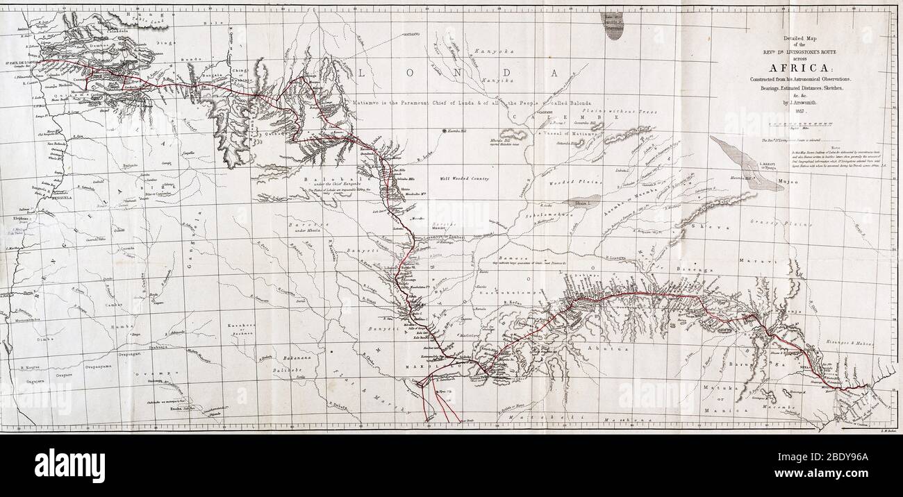 Mappa della strada di Livingstone in Africa, 1857 Foto Stock