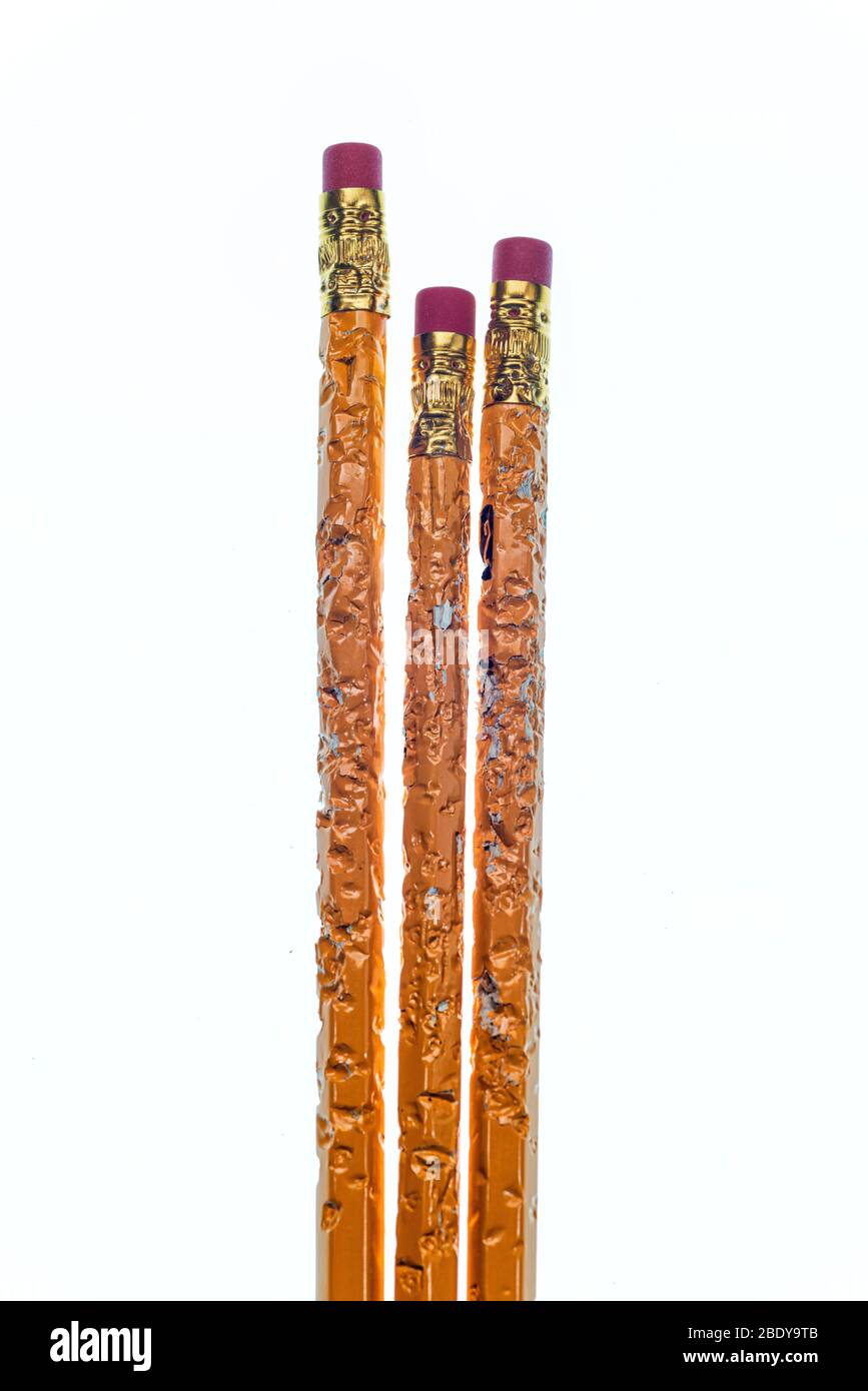Scatto verticale della parte finale della gomma di tre matite masticate vicine su uno sfondo bianco. Spazio copia. Foto Stock