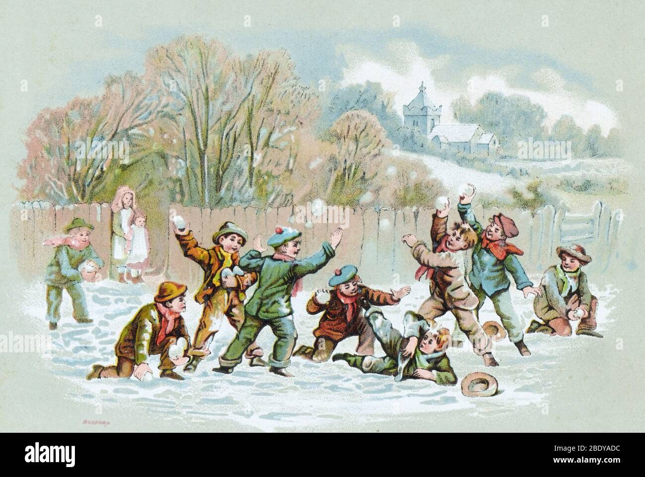 Ragazzi che hanno Snowball lotta, 1890 Foto Stock