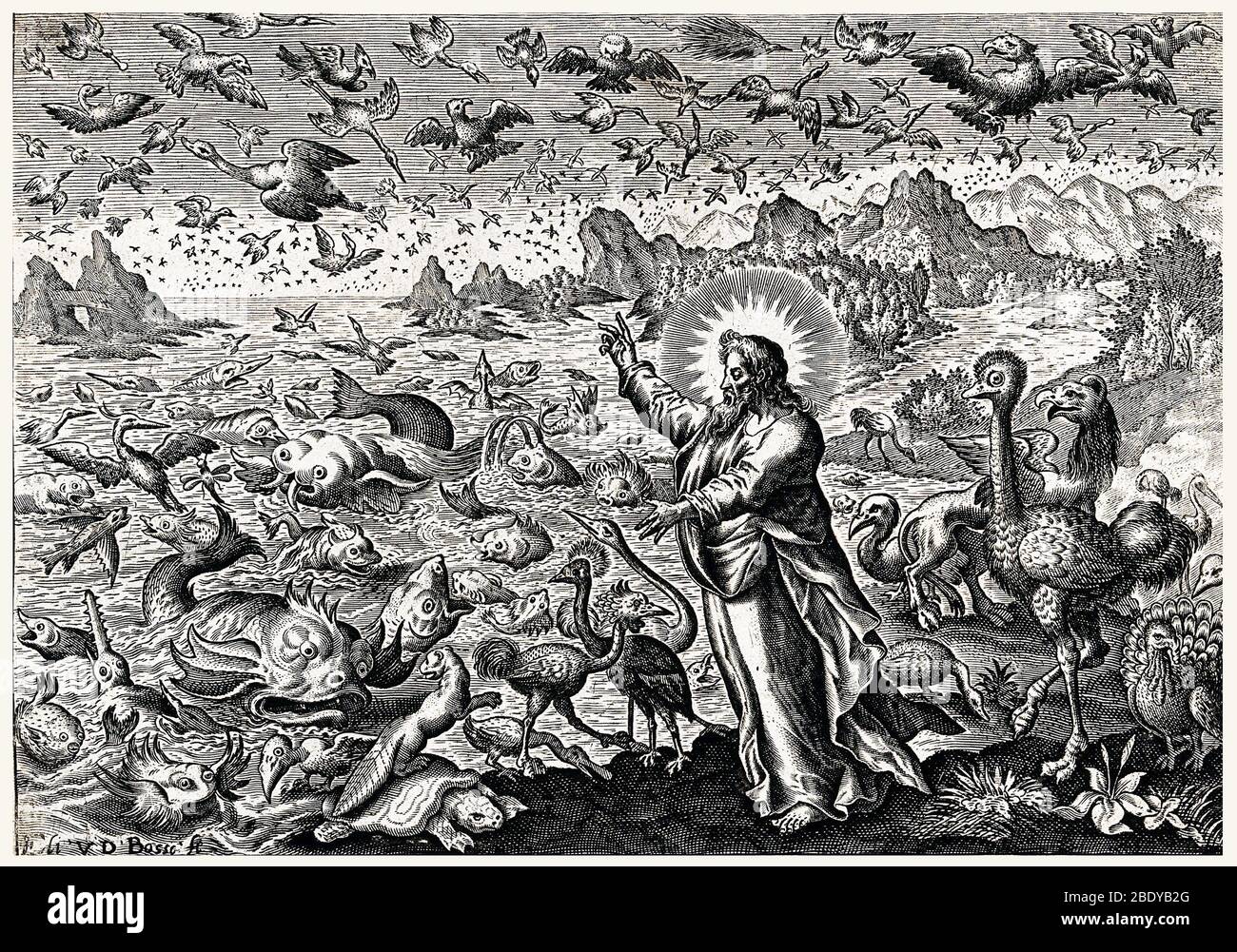 Dio che crea uccelli e pesci, 17 ° secolo Foto Stock