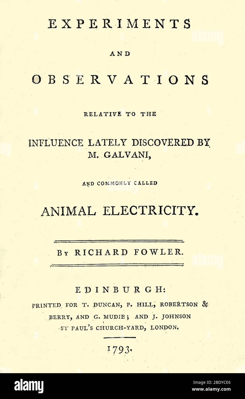 Elettricità animale, pagina del titolo, Galvani, 1793 Foto Stock