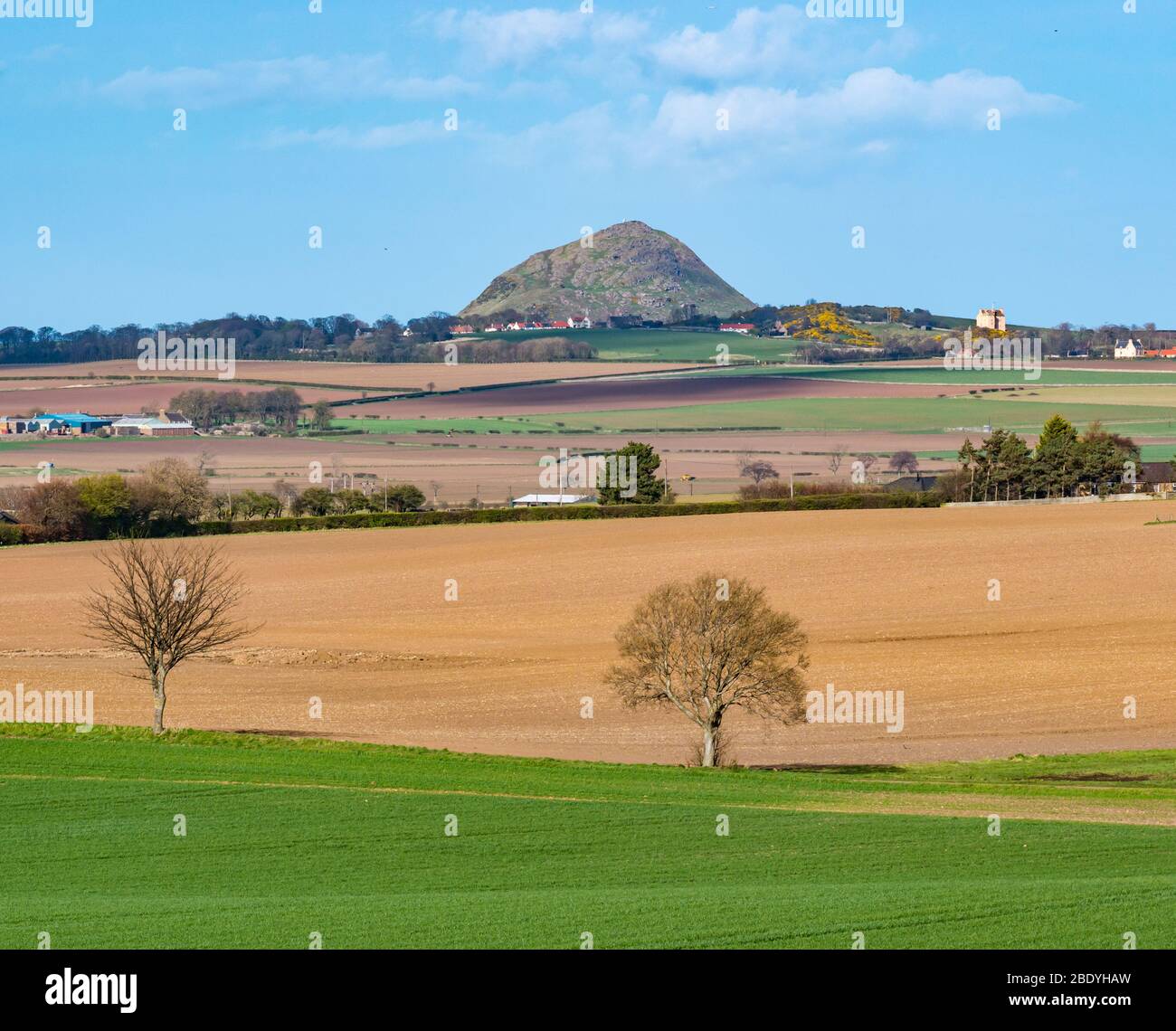 Vista attraverso il paesaggio agricolo con campi coltivati a Berwick Law e Fenton Tower, East Lothian, Scozia, Regno Unito Foto Stock