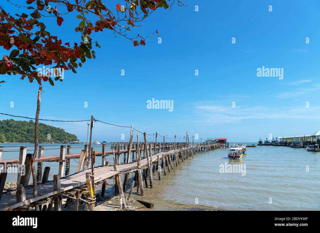 Molo delle barche fuori dal Parco Nazionale di Penang, Teluk Bahang, Penang, Malesia Foto Stock