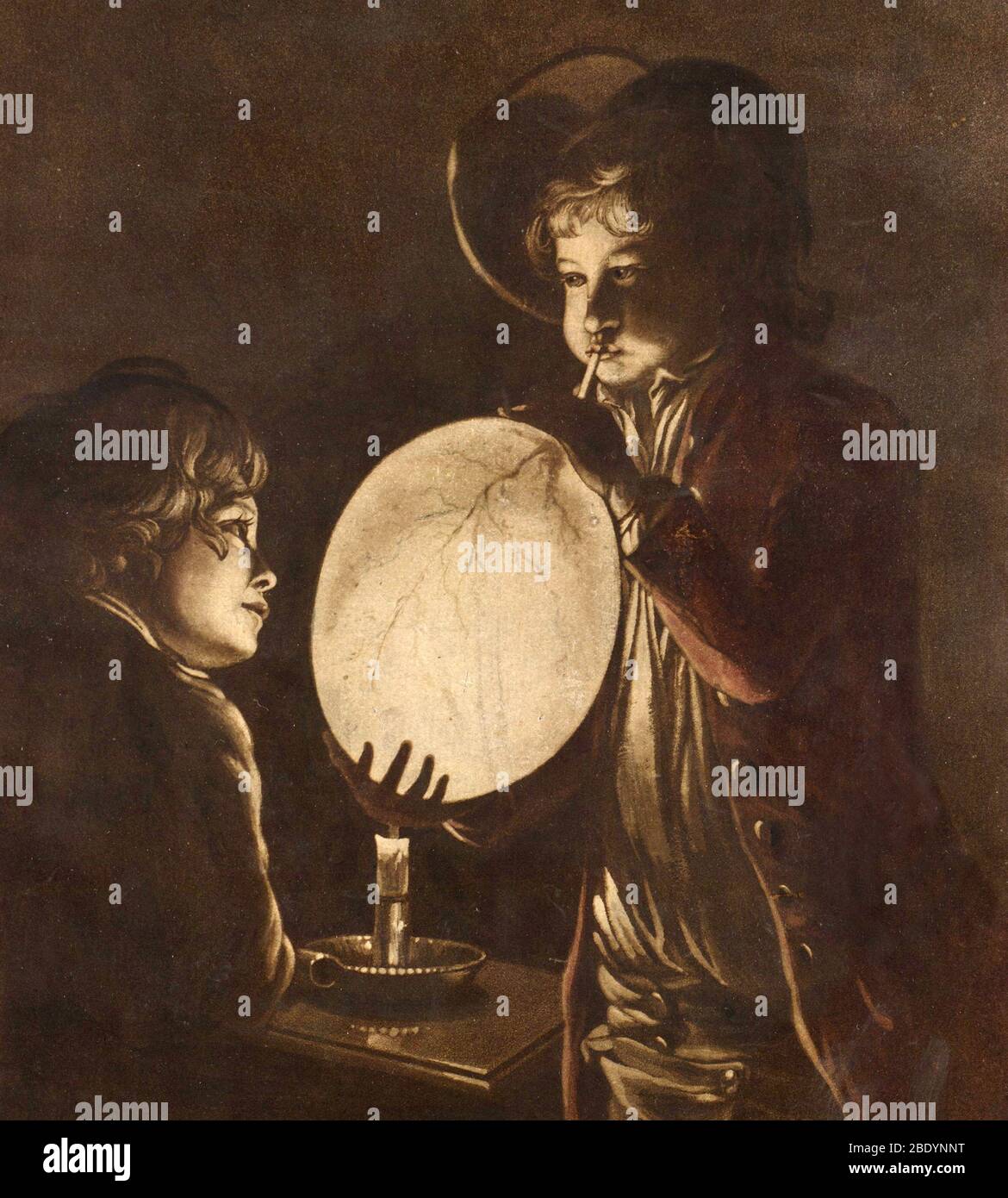 Ragazzi che testano la capacità d'aria della vescica, 1773 Foto Stock