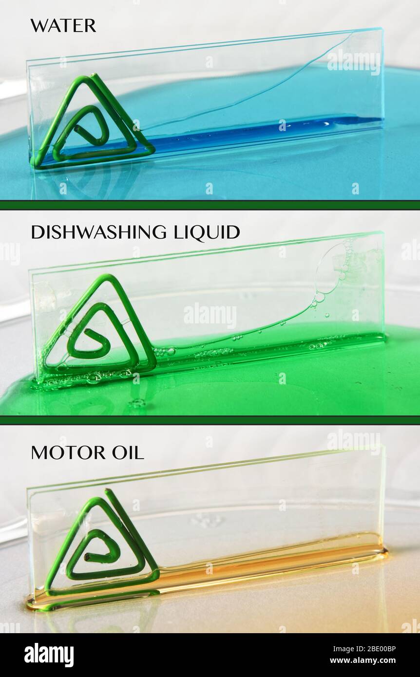 Viscosità di liquidi diversi, etichettati Foto Stock