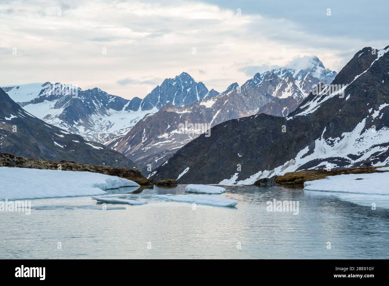 Le rive innevate circondano un piccolo lago alpino che inizia a scongelare a luglio. Nel profondo della natura selvaggia delle montagne Talkeetna dell'Alaska. Foto Stock