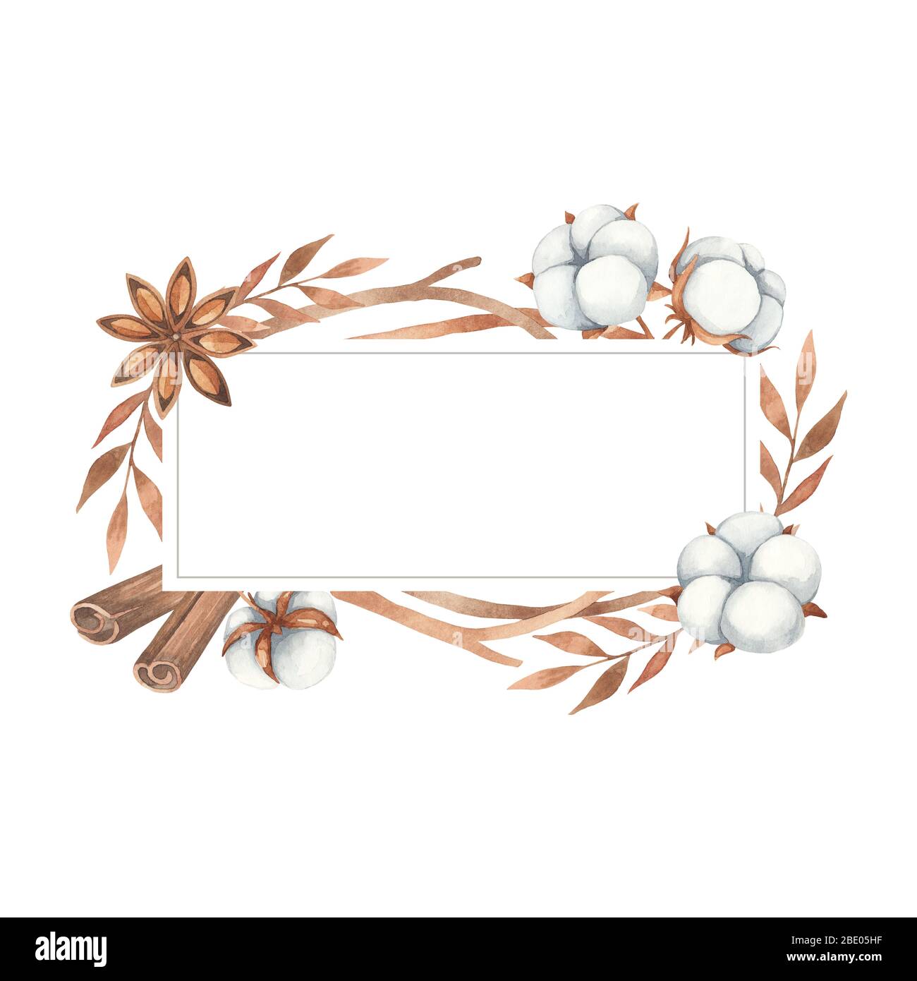 Watercolor cornice invito su sfondo bianco. Fiori di cotone, anice e ramoscelli in tonalità marrone. Elementi acquerelli isolati su sfondo bianco Foto Stock