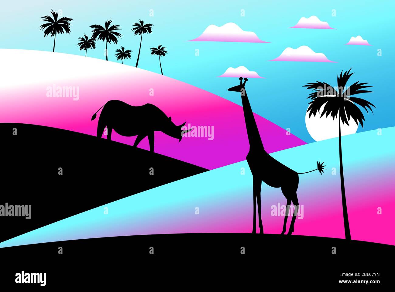 Illustrazione vettoriale dell'Africa con silhouette animali e palme. Illustrazione Vettoriale