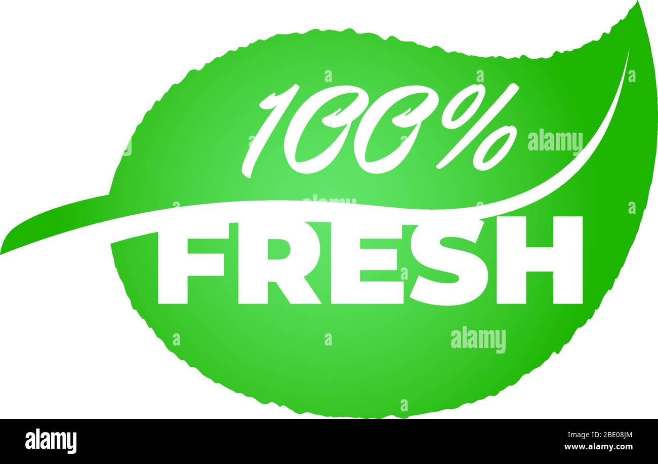 100% certificato di qualità bio sano prodotto naturale su emblema foglia verde. Immagine eps isolata vettoriale del concept del logo Green eco Fresh Illustrazione Vettoriale