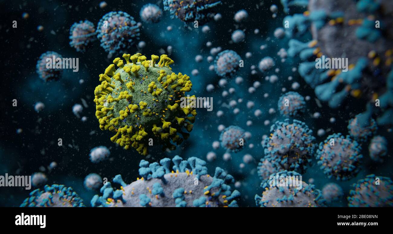 Microscopia Green COVID-19 Corona influenza Virus Molecule with Many Blue Contrast Molecules - nCOV Coronavirus Pandemic Outbreak 3D Illustration Foto Stock