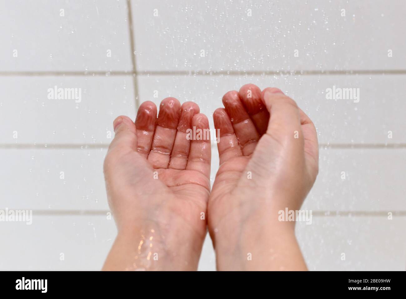 I bambini puliscono le palme piegate sopra le gocce di acqua contro lo sfondo di una parete di mattonelle bianche. Foto Stock