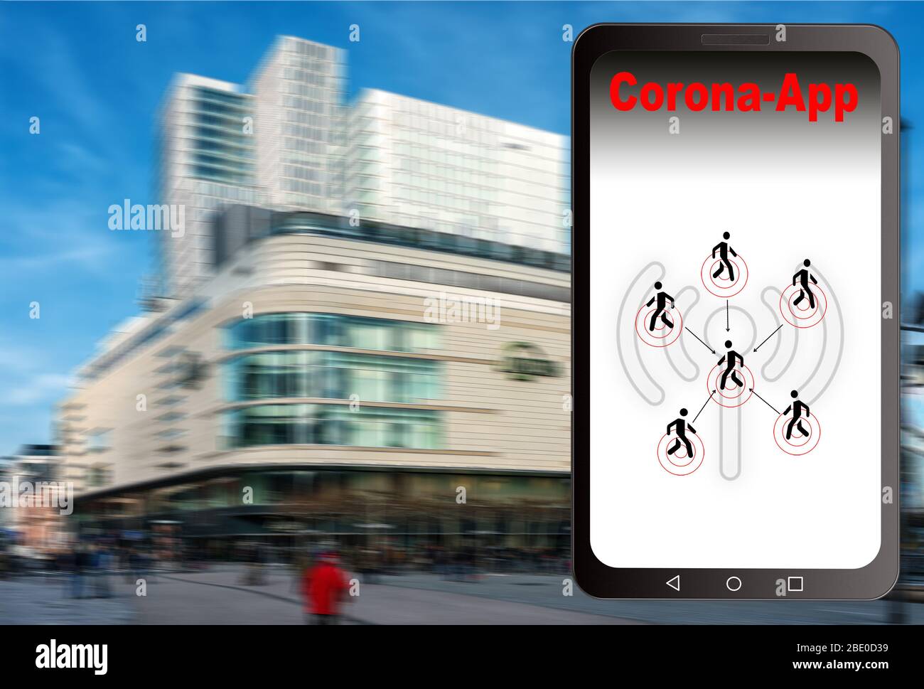 App per il rilevamento dei virus per telefoni cellulari, app Corona con sfondo urbano sfocato Foto Stock
