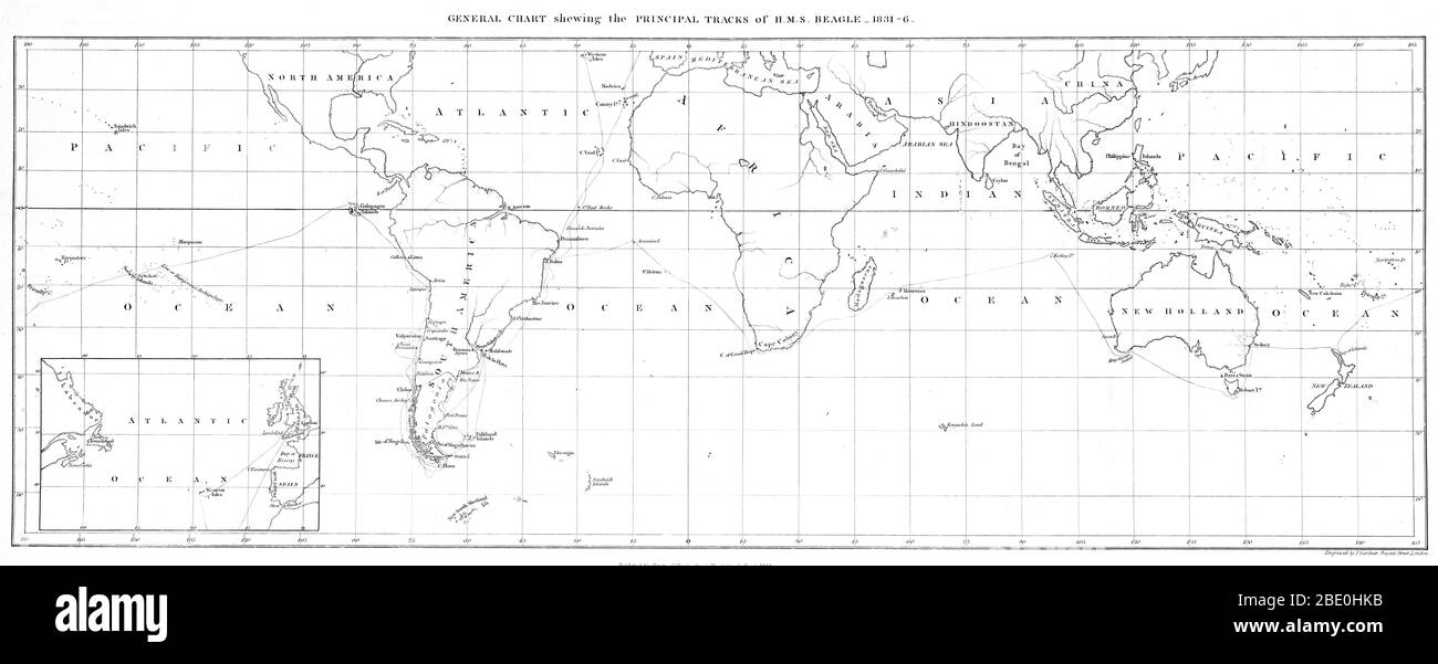 Mappa del viaggio di H.M.S. Beagle, 1831-6. Dall'appendice alla narrazione dei viaggi di indagine delle navi di sua Maestà Avventura e Beagle, tra gli anni 1826 e 1836, che descrive il loro esame delle coste meridionali del Sud America, e la circumnavigazione del globo di Beagle, curata da R. Fitzroy e pubblicata nel 1839. Il Beagle portò Charles Darwin durante il viaggio che ispirò la sua teoria dell'evoluzione. Charles Darwin (1809-1882) è stato un naturalista e geologo inglese. Egli stabilì che tutte le specie di vita sono discese nel tempo da antenati comuni, e. Foto Stock