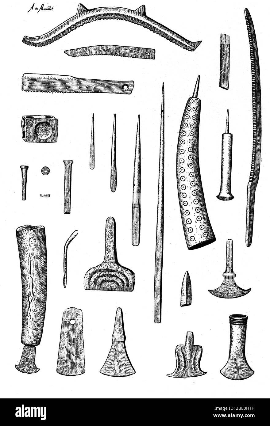 Attrezzi europei dell'età del Bronzo tardo quali martelli, scalpelli, sgorbie e seghe, c. Da 3200 a 600 a.C. Foto Stock