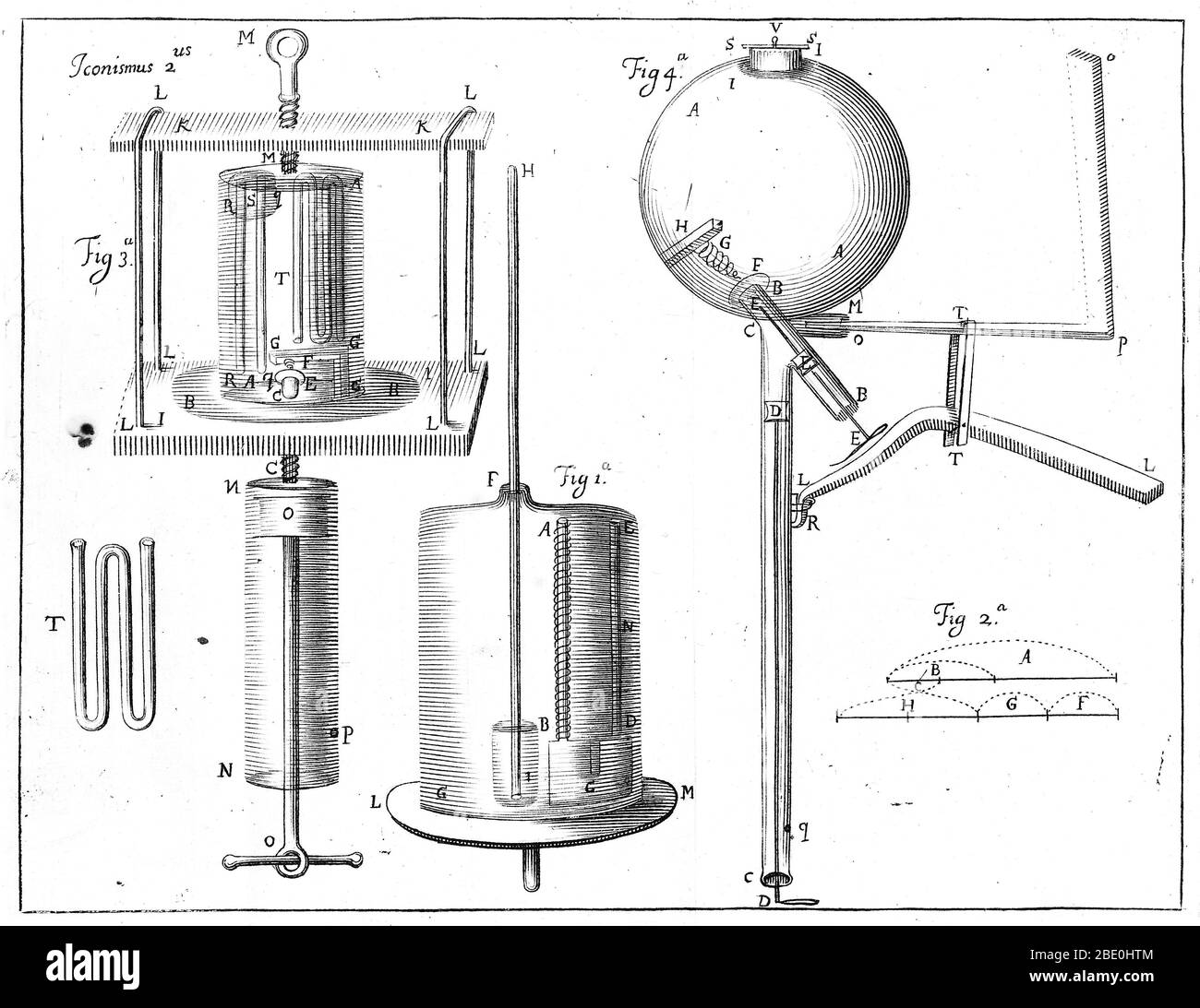 Apparecchio di Robert Boyle per comprimere l'aria. Figura 1: Calibro meccanico. Figura 3: Apparato per comprimere l'aria Figura 4: Un aerografo. Da 'una continuazione di nuovi esperimenti fisico-meccanici che toccano la molla e il peso dell'aria,' di Robert Boyle, 1682. Robert Boyle (1627-1691) è stato un filosofo naturale, chimico, fisico e inventore del XVII secolo. Sebbene la sua ricerca abbia chiaramente le sue radici nella tradizione alchemica, Boyle è oggi largamente considerato come il primo chimico moderno, e quindi uno dei fondatori della chimica moderna, e uno dei pionieri della moderna sperimentazione Foto Stock