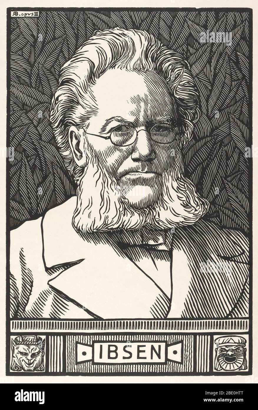 Ritratto di Henrik Ibsen, dal 1899, dell'artista scozzese Robert Bryden (1865-1939). Ibsen era un grande drammaturgo norvegese del XIX secolo, direttore teatrale e poeta. Spesso viene chiamato "il padre del realismo" ed è uno dei fondatori del modernismo in teatro. Tra le sue opere principali vi sono Brand, Peer Gynt, un nemico del popolo, Imperatore e Galilea, una casa di bambola, Hedda Gabler, Ghosts, The Wild Duck, Rosmersholm, e il Master Builder. Foto Stock