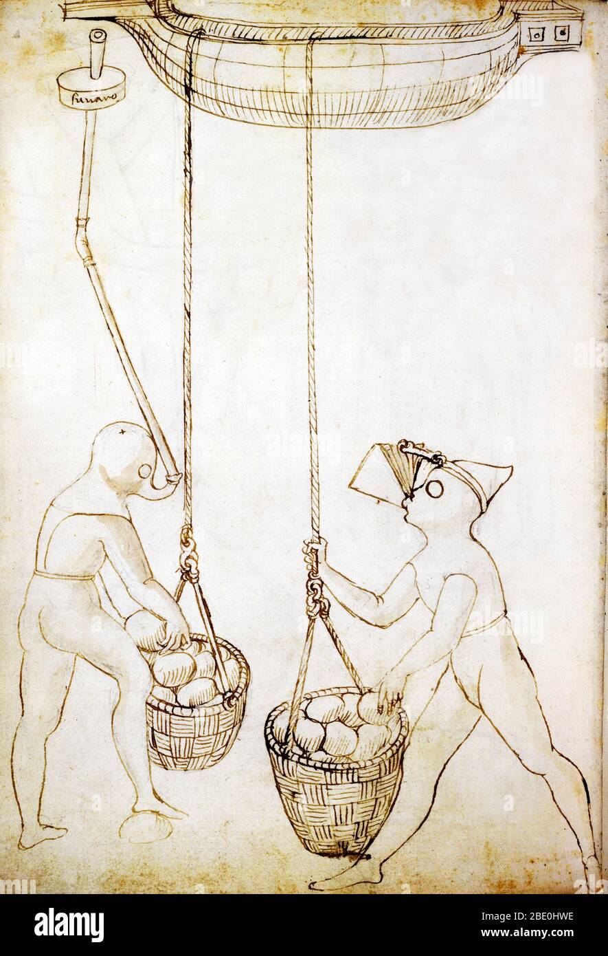 Disegno a penna e inchiostro con disegni italiani del XV secolo per apparecchi respiratori subacquei per subacquei. Dalla "della provvidenza della chuera", di Francesco di Giorgio Martini di Siena (1439-1502). Tra il Medioevo e il Rinascimento, Siena sviluppò una serie di specialità tecniche. Gli artisti-ingegneri senesi mettono in pratica le loro competenze per la loro piccola repubblica e hanno dimostrato la loro abilità nel rappresentare macchine e sistemi meccanici. I due ingegneri senesi più importanti furono Mariano di Iacopo, noto come Taccola, e Francesco di Giorgio. Foto Stock