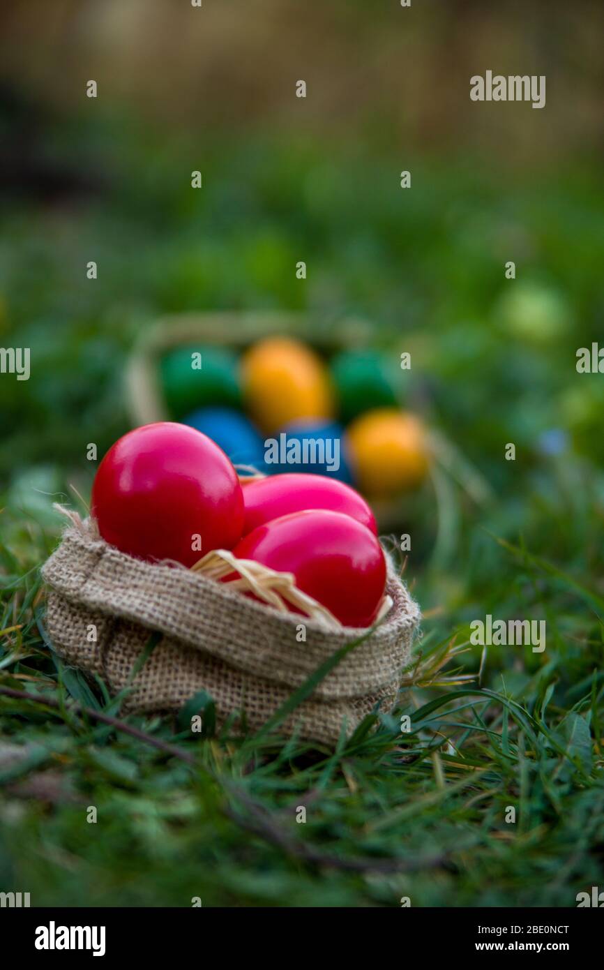 Uova di Pasqua in piccolo cesto, su erba, all'aperto Foto Stock