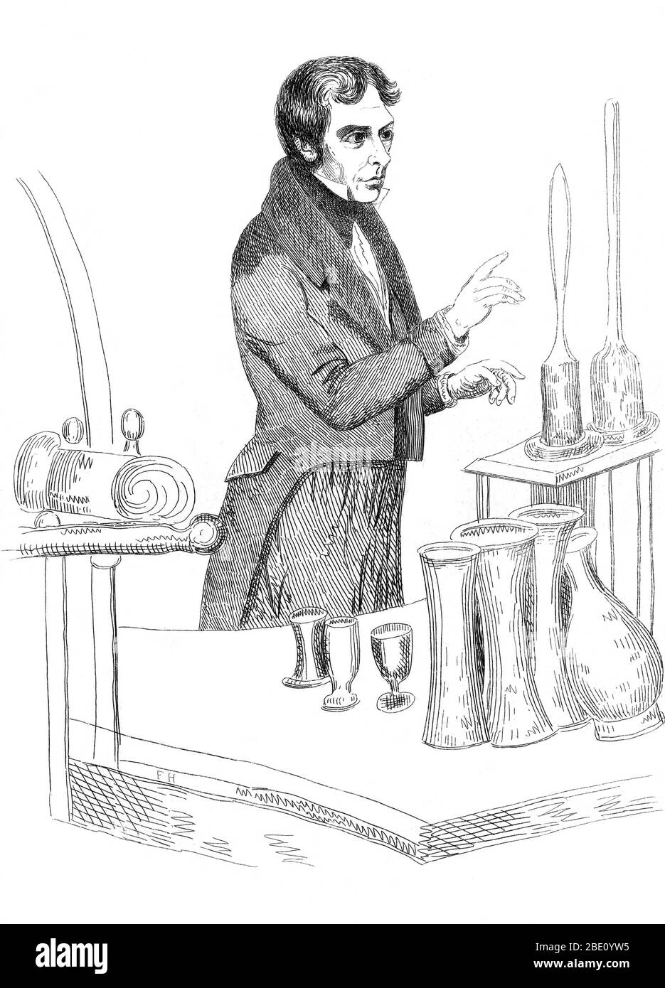 Michael Faraday (22 settembre 1791 – 25 agosto 1867) è stato un chimico e fisico inglese che ha contribuito ai campi dell'elettromagnetismo e dell'elettrochimica.Faraday ha sperimentato con l'elettricità e il magnetismo, proponendo che il magnetismo era una forza circolare. È noto anche per la scoperta della rotazione ottica magnetica, dell'induzione elettromagnetica, per l'inventazione della dinamo, per il perfezionamento del bruciatore Bunsen e per la formulazione della seconda legge dell'elettrolisi. Autore di 'manipolazione chimica', Faraday fu autoaddestrato e contribuì ai campi dell'elettromagnetismo e dell'elettrochimica dopo un apprendista Foto Stock