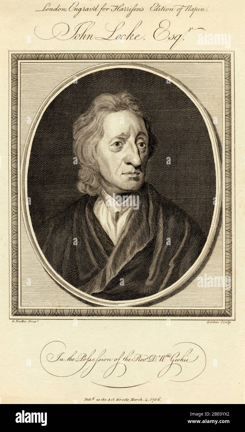 Un'incisione di John Locke del 1786. John Locke (1632-1704) è stato un filosofo inglese che ha trascorso i suoi primi anni a insegnare all'Università di Oxford, Inghilterra. Più tardi trascorse quindici anni in Francia, dove incontrò la maggior parte dei principali scienziati e pensatori continentali. Al suo ritorno, Locke pubblicò il suo saggio sulla comprensione umana (1690). In questo, suggerì che la mente di una persona era una tabula rasa (ardesia vuota) alla nascita. Su questa ardesia, la conoscenza è stata impressa dall'esperienza. Il saggio sosteneva inoltre che la base adeguata della conoscenza era l'esperimento. Nello stesso anno pubblicò i suoi due trattati Foto Stock