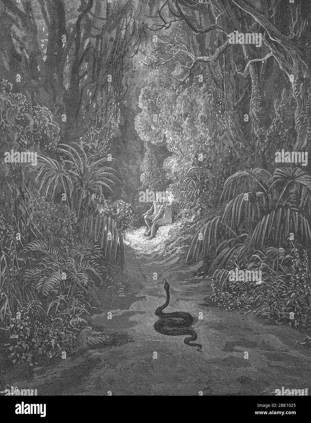 Illustrazione di Adamo ed Eva e del serpente di Gustave Dore per il Paradiso di John Milton perso, Libro 9, linee 434-35. Adamo ed Eva e il serpente. 'Più vicino si avvicinò, e molti una passeggiata attraversò / di più celesti, cedro, pino, o palma.' Foto Stock