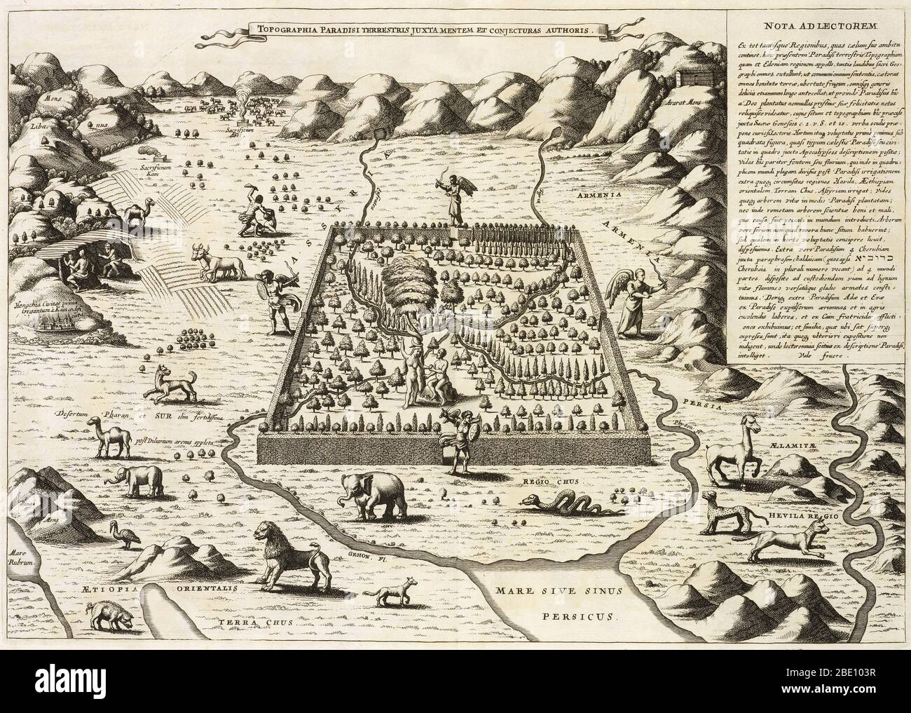 Una rappresentazione del Giardino dell'Eden e 'topografia del paradiso terrestre' di Athanasius Kircher (1602-1680), dal 1675. Adamo ed Eva si vedono dentro le mura, con angeli a tutte e quattro le porte. Caino può essere visto uccidere Abel in alto a sinistra fuori le mura. Atanasius Kircher fu uno studioso e un polimato gesuita tedesco del XVII secolo che pubblicò circa 40 opere principali, soprattutto nei campi degli studi orientali, della geologia e della medicina. Foto Stock