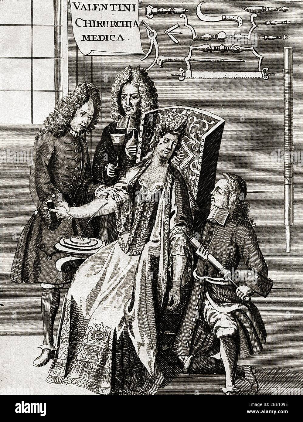 Scena del sangue, M. B. Valentini, 1715. Il sangue si basava su un antico sistema di medicina in cui il sangue e altri fluidi corporei erano considerati come 'umori' che dovevano rimanere in equilibrio per mantenere la salute. Era la pratica medica più comune eseguita dai medici dall'antichità fino alla fine del 19 ° secolo, una durata di quasi 2,000 anni. Nella stragrande maggioranza dei casi, l'uso storico del sangue è stato dannoso per i pazienti. Foto Stock
