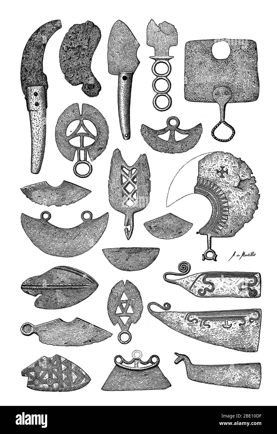 Illustrazione di rasoi preistorici in bronzo. Il più vecchio oggetto simile a un rasoio è stato datato al 18,000 a.C. Foto Stock