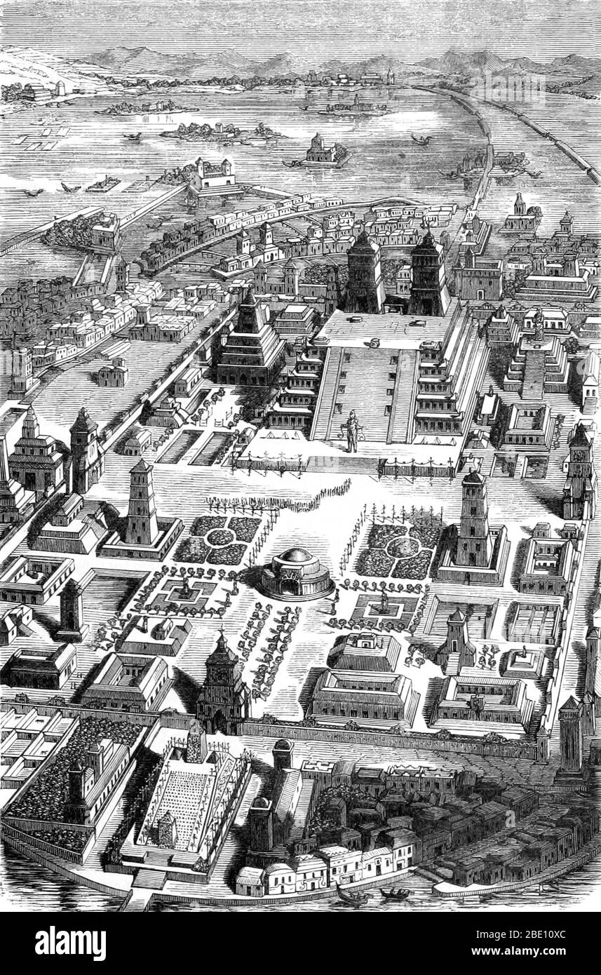 Il Messico-Tenochtitlan, comunemente conosciuto come Tenochtitlan, era un altepetl azteco (città-stato) situato su un'isola nel lago Texcoco, nella Valle del Messico. Fondata nel 1325, si sviluppò una cultura fiorente, e la civiltà messicana venne a dominare altre tribù intorno al Messico. La piccola isola naturale fu continuamente ampliata, mentre Tenochtitlan crebbe diventando la città più grande e potente di Mesoamerica. La città era collegata alla terraferma da strade che portavano a nord, sud e ovest. Le strade di collegamento erano interrotte da ponti che consentivano alle canoe e ad altri traffici di passare liberamente. Il ponte Foto Stock