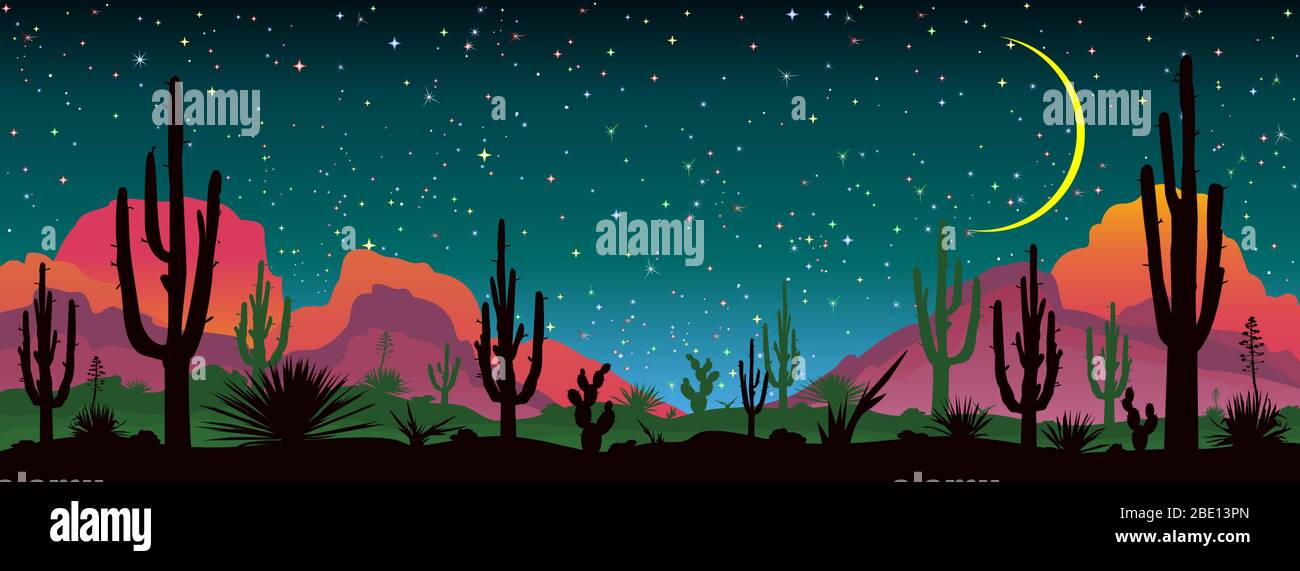 Paesaggio con cactus vari sullo sfondo delle montagne e il cielo stellato notte. Illustrazione Vettoriale