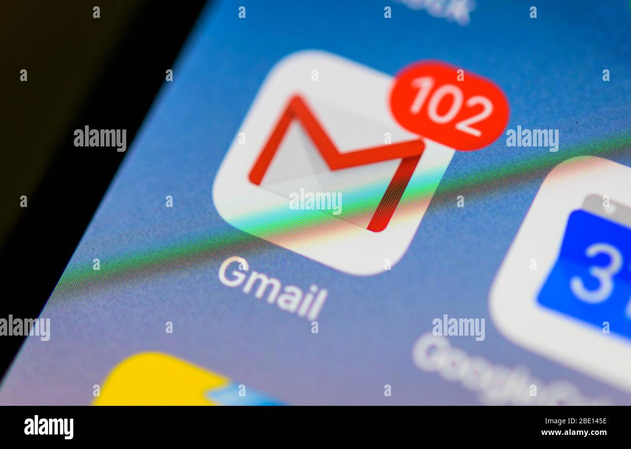 Gmail, Gmail, e-mail, icona, logo, display, iPhone, icona dell'app, app, telefono cellulare, smartphone, iOS, dettagli, formato completo Foto Stock