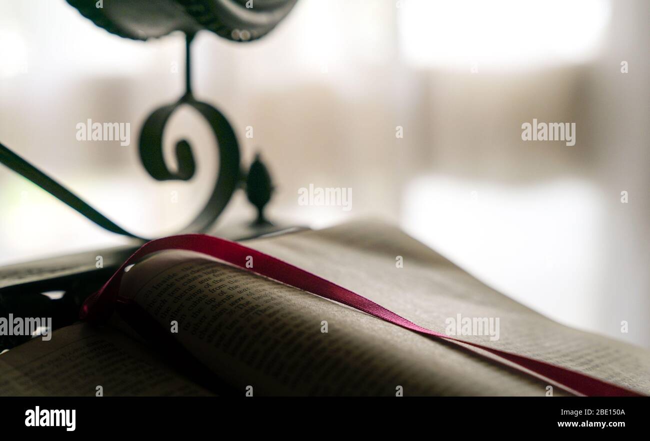 Soft focus sulla bibbia con focus sul marchio rosa libro di tessuto. Retroilluminazione. Foto Stock