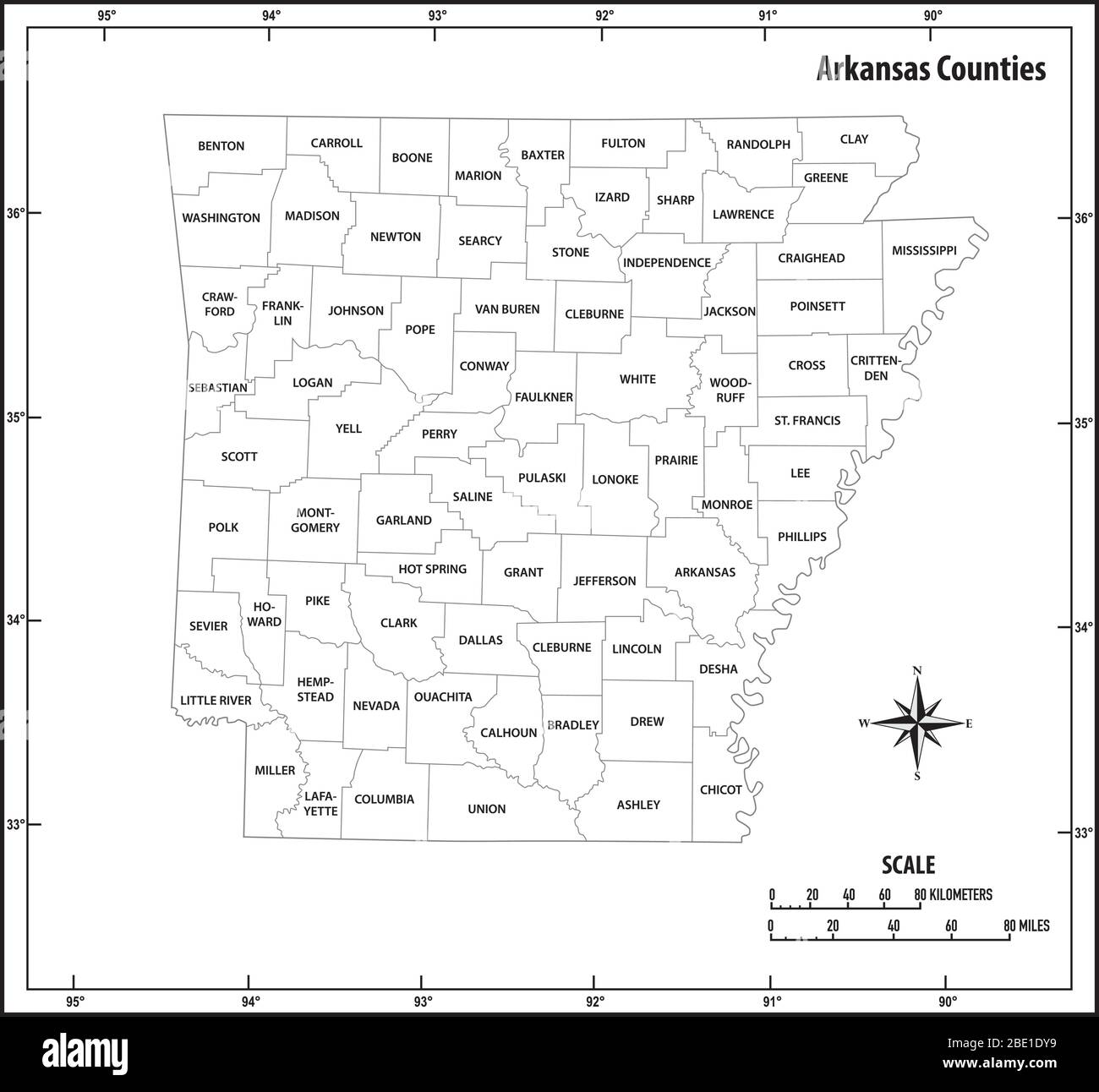 Arkansas state delineate la mappa amministrativa e politica in bianco e nero Illustrazione Vettoriale