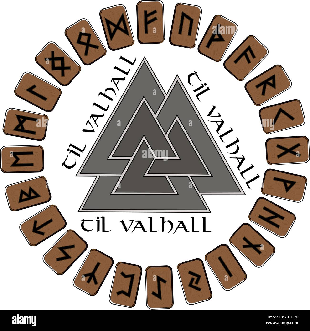 Un cerchio di tavole di legno da mettere su di loro nelle rune scandinave, segno finale futhark di Odin - Walknut Illustrazione Vettoriale