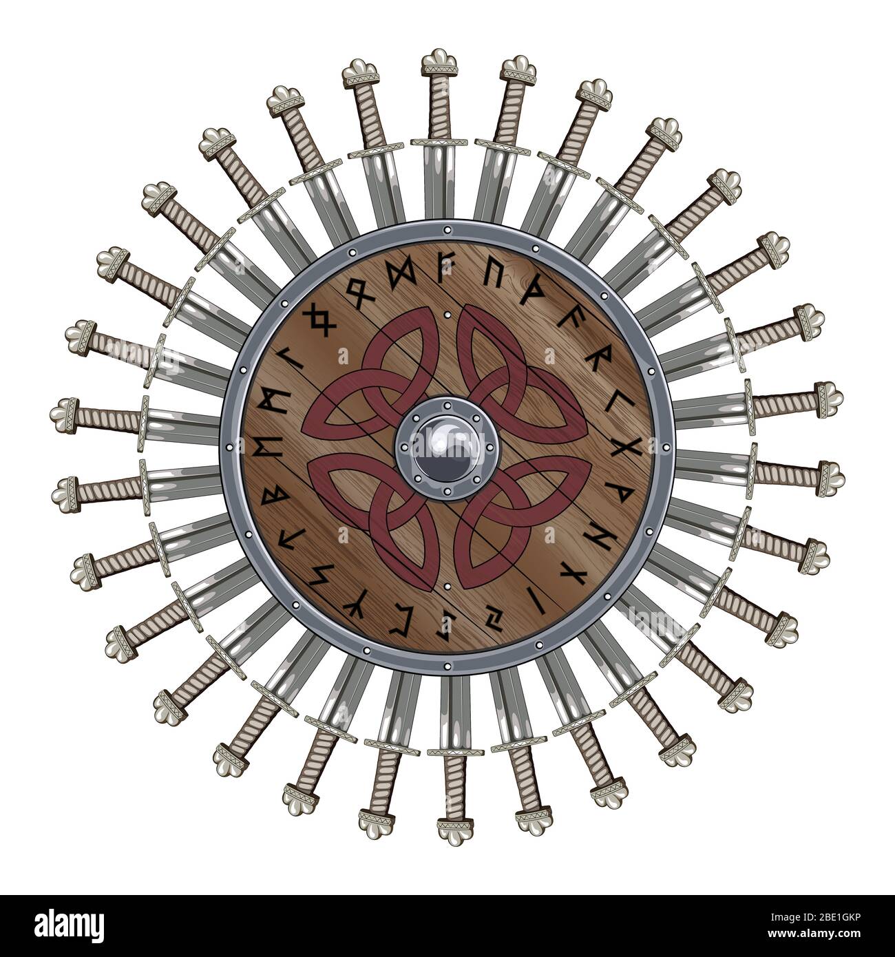 Il cerchio di spade da battaglia Viking, scudo Viking decorato con rune nordiche Illustrazione Vettoriale