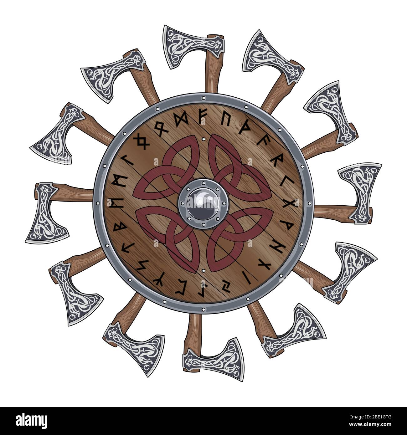 Il cerchio di assi di battaglia Viking, scudo Viking decorato con rune nordiche Illustrazione Vettoriale