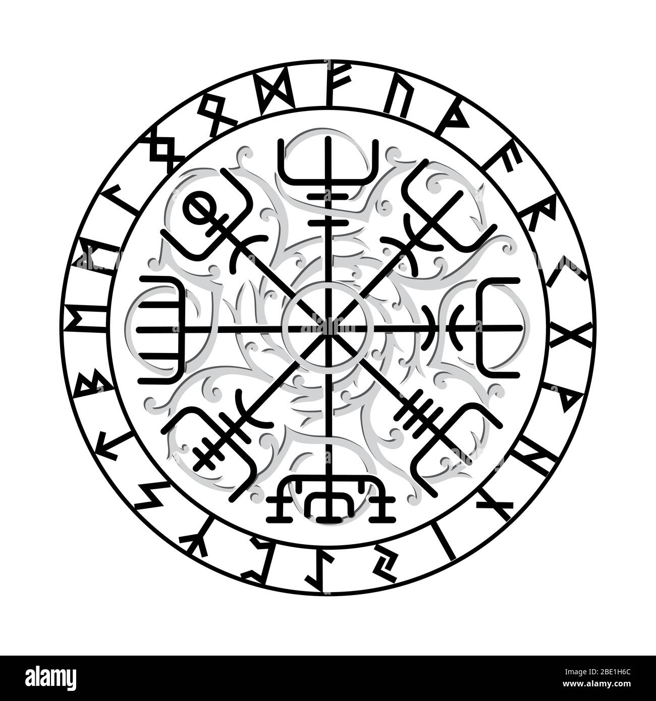 Vegvisir, la bussola di navigazione magica degli antichi vichinghi islandesi con rune scandinave Illustrazione Vettoriale