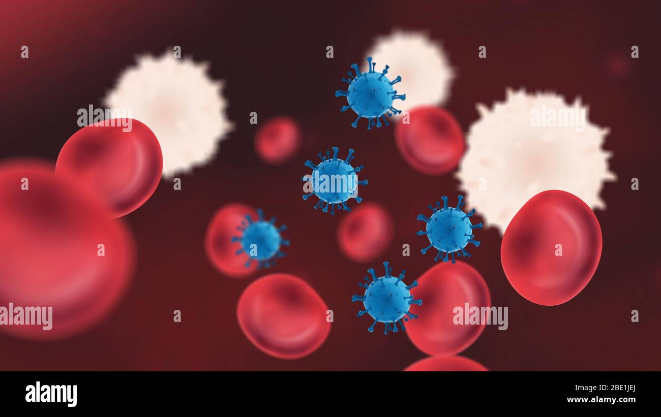 Particelle virali nel sangue con globuli rossi e bianchi Foto Stock