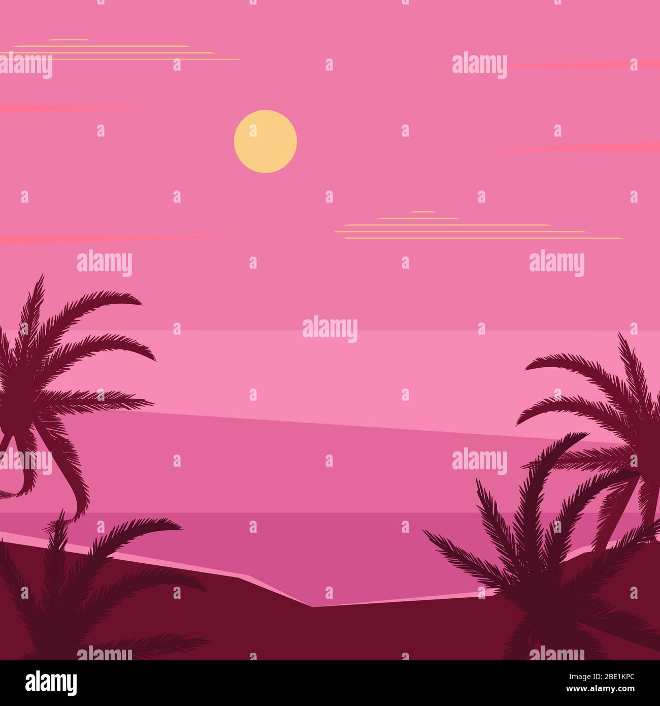 Cielo rosa e oceano con tramonto. Illustrazione Vettoriale