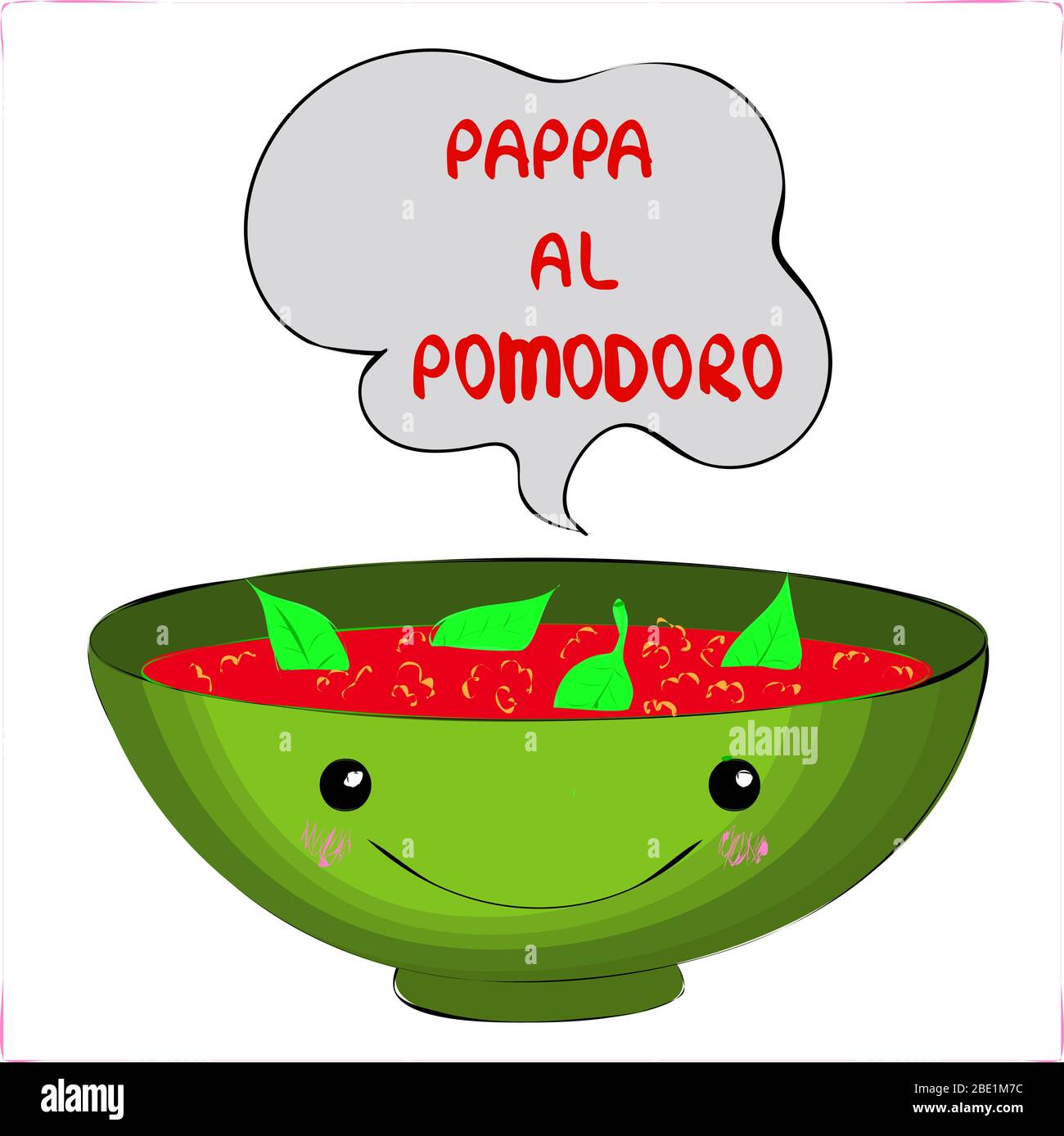 Carta con cibo kawai - papà al Pomodoro, pomodoro toscano, zucchine, basilico e zuppa di pane, frulate e caratteri divertenti, dessert su sfondo bianco Illustrazione Vettoriale