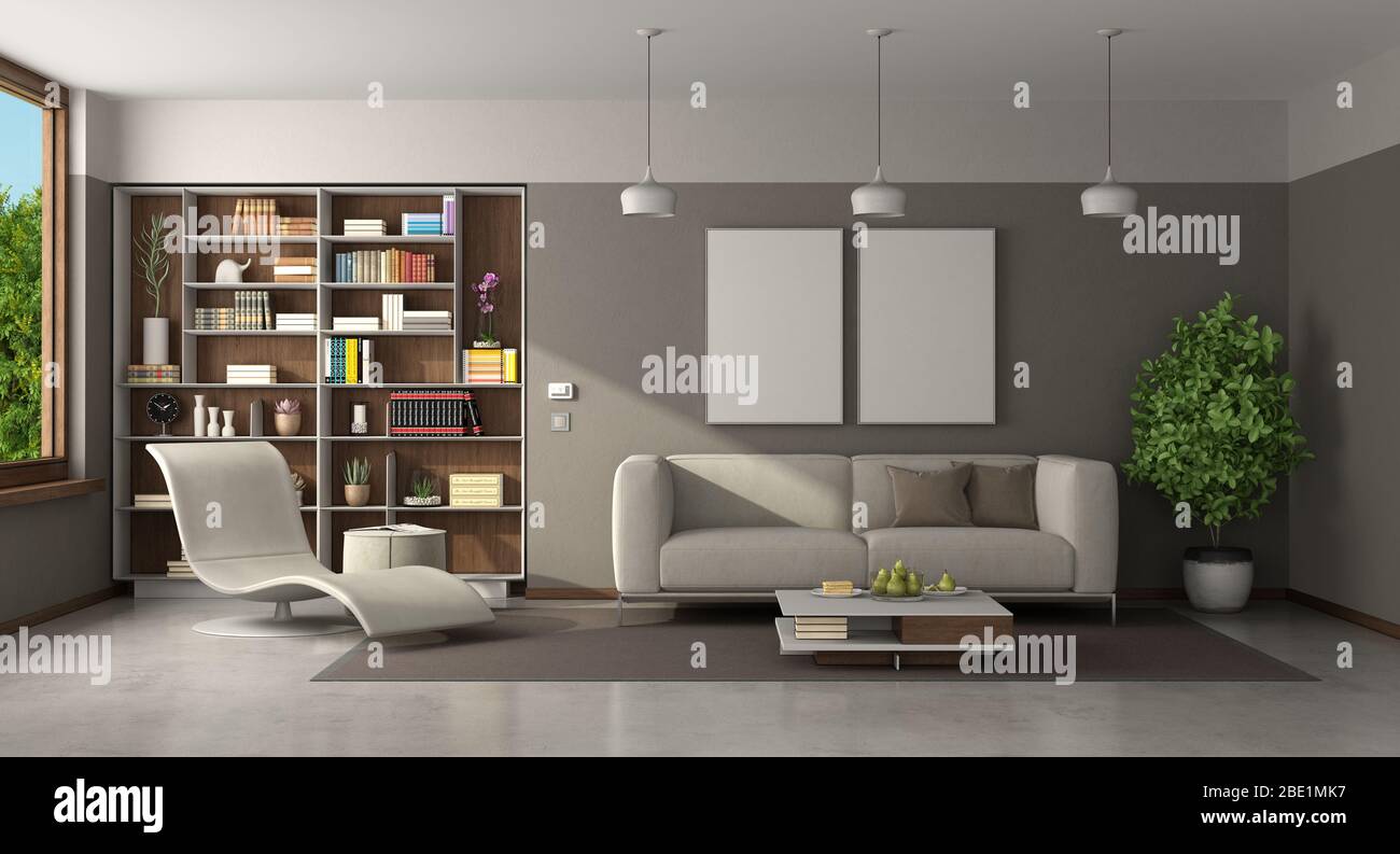 Soggiorno moderno con divano, chaise longue e libreria sullo sfondo - rendering 3d Foto Stock