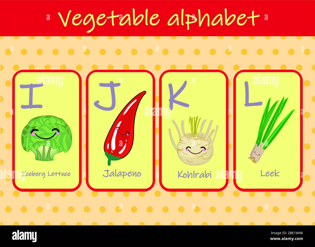 Illustrazione con caratteri divertenti. Font per bambini in VERDURE stile cartoon . Set di lettere luminose multicolore per iscrizioni E FORMAZIONE Illustrazione Vettoriale