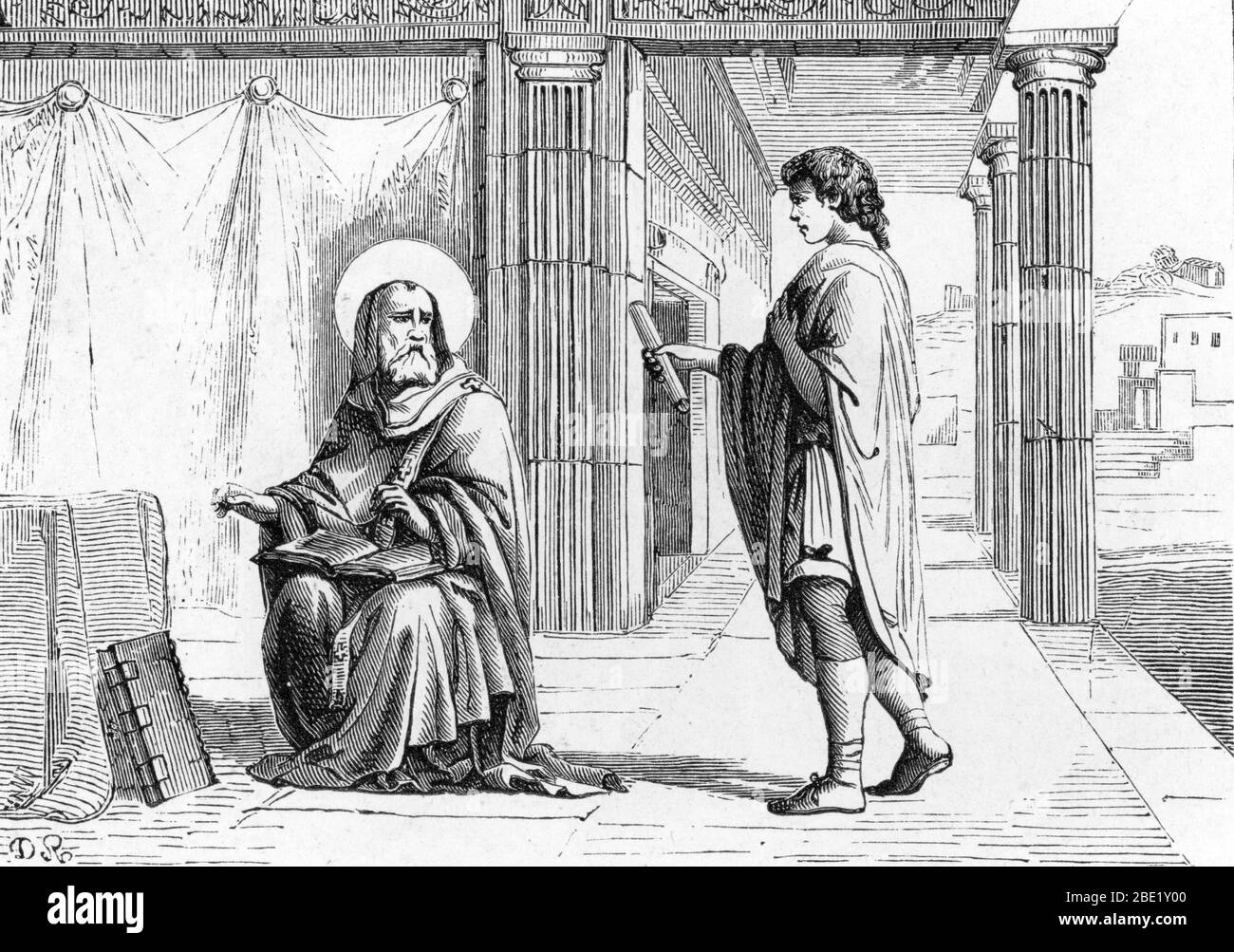 Representation de Saint Cyrille d'Alexandrie (376-444) recevant un messager du Pape Celestin Ier le chargeant de presider le concile d'Ephese en 431 ( Foto Stock