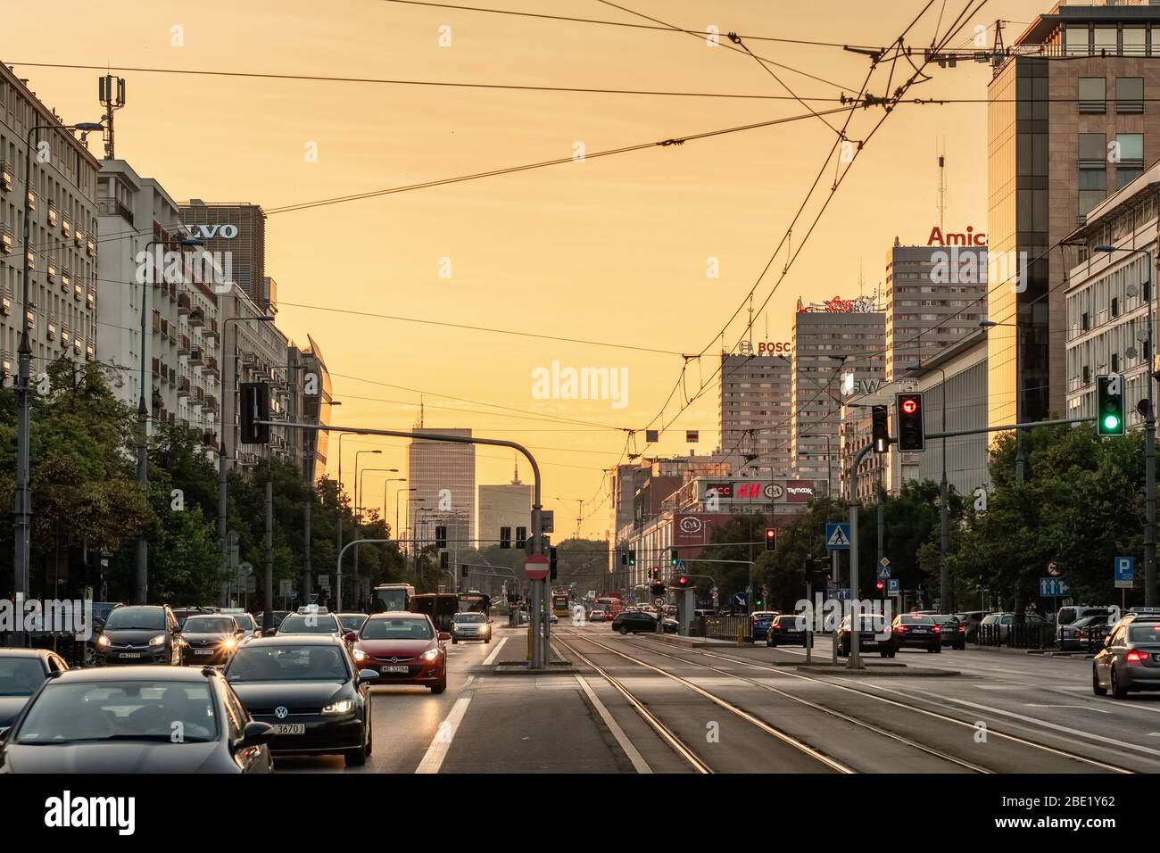 Varsavia città centro al tramonto, Polonia Foto Stock