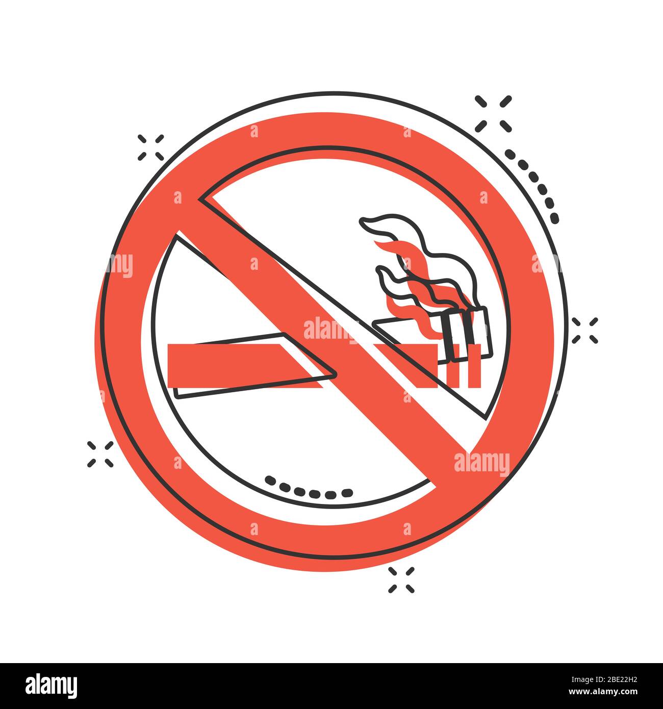 Icona di un cartello per non fumare in stile comico. Illustrazione vettoriale dei fumetti di sigaretta su sfondo bianco isolato. Nicotina splash effetto concetto di business. Illustrazione Vettoriale
