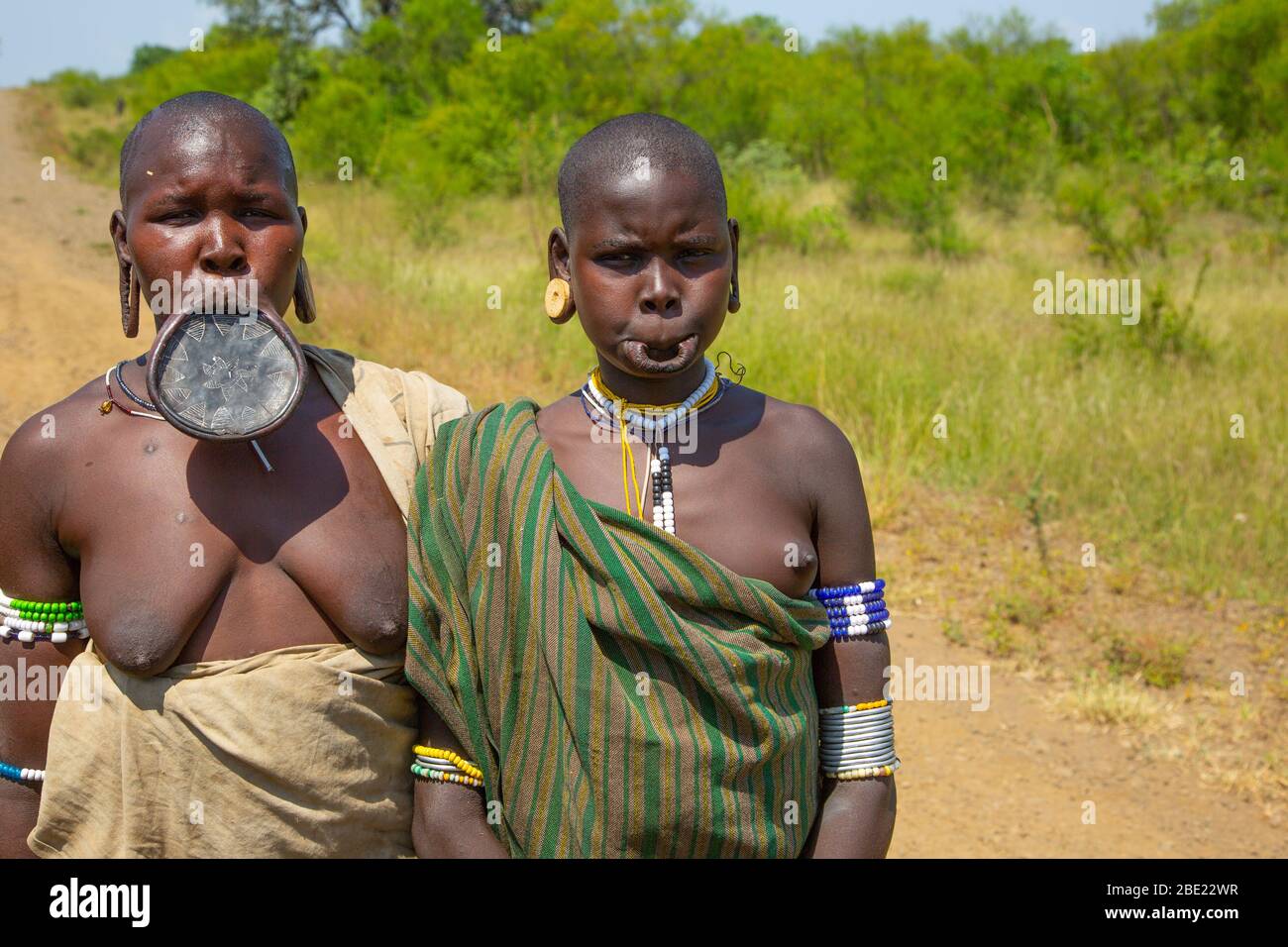 Donna della tribù dei Mursi con labbro di argilla disco come corpo ornamentstribe Debub Omo Zona, Etiopia. Vicino al confine sudanese. Foto Stock