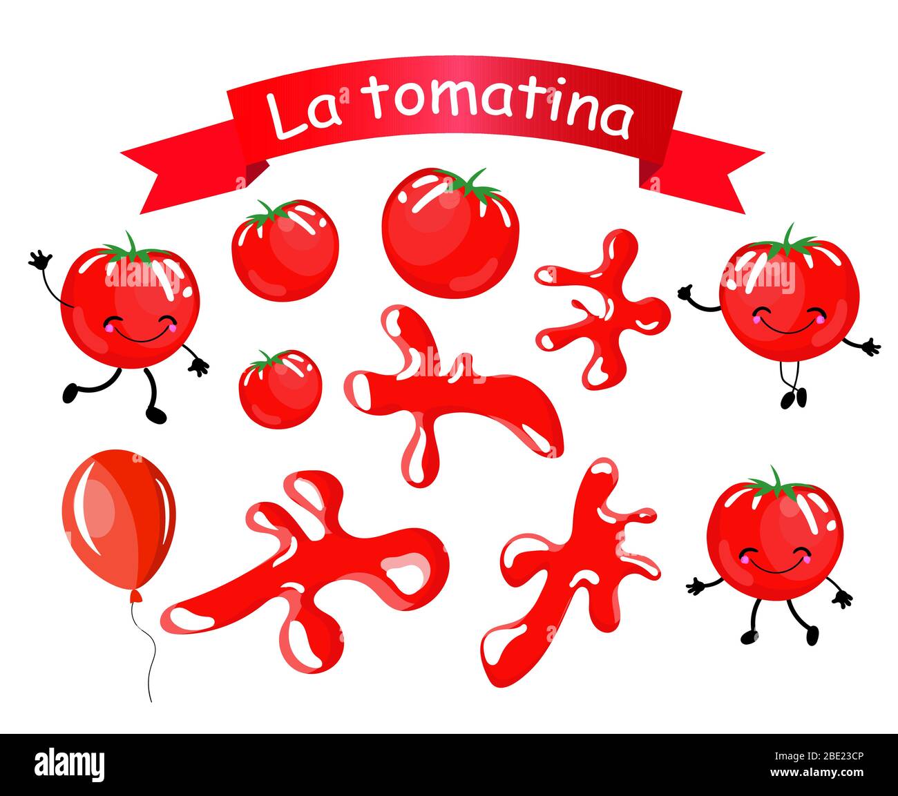 Adesivi. Oggetti isolati per la decorazione del Festival spagnolo della Battaglia di pomodori la Tomatino. Illustrazione Vettoriale