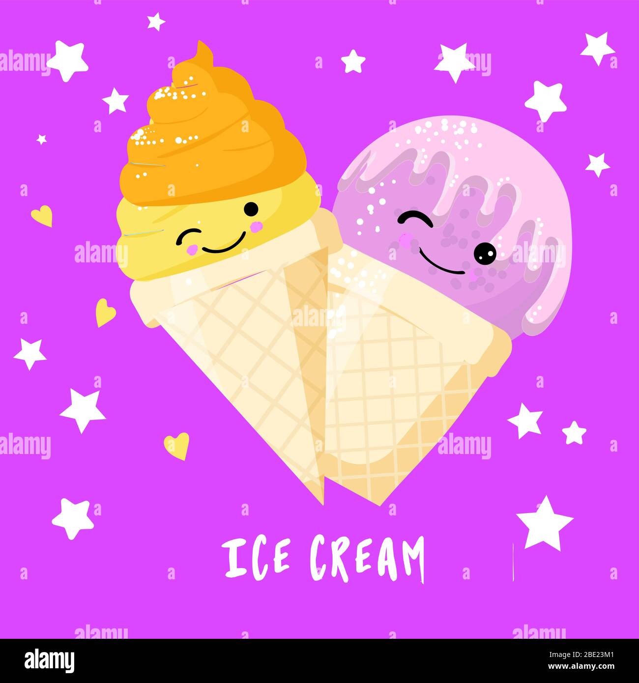 Divertente gelato alla fragola e limone in cono waffle con faccia sorridente, cartoon stile vettoriale illustrazione isolato su sfondo rosa. Carino Illustrazione Vettoriale